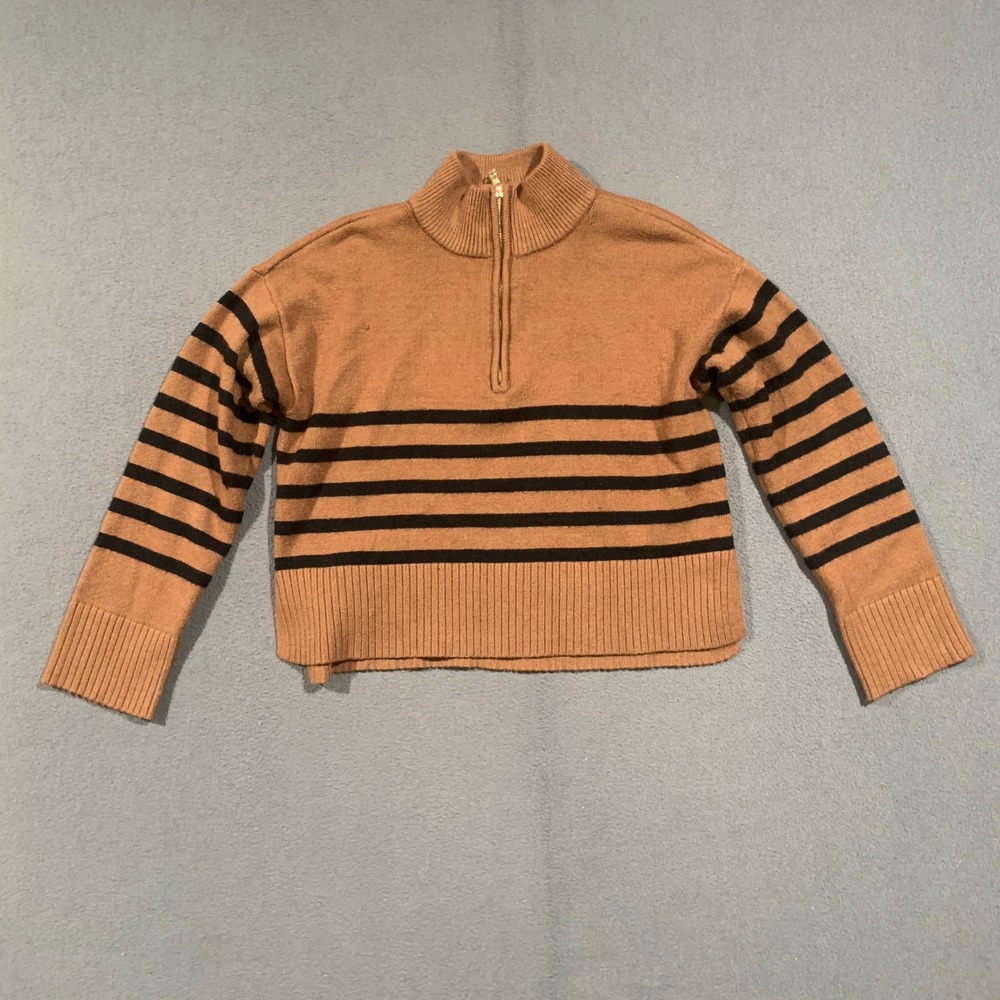 DKNY Quarter Zip Sweater Womens Medium Brown Black Striped Mock Neck Pullover